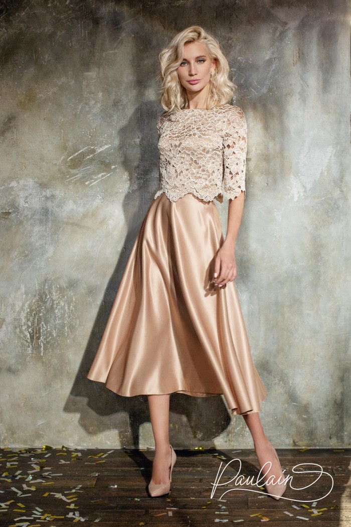 Lace top and satin skirt two piece set cocktail dress- SOLAR KAIRA | Paulain