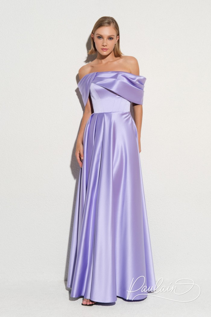 Satin evening dress with lacing and open shoulders- LYSITHEA | Paulain