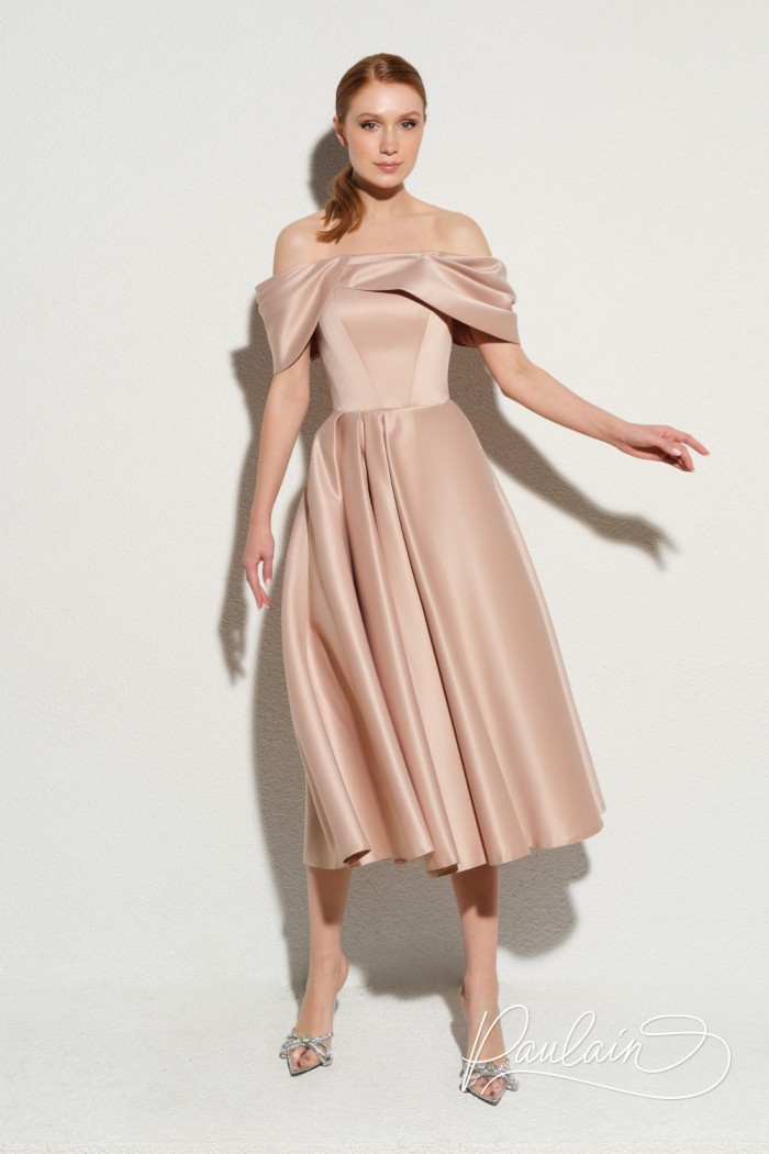Satin coctail dress with lacing and open shoulders- LYSITHEA MIDI | Paulain