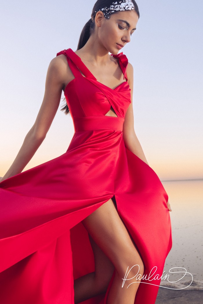 Satin evening dress with a high leg slit and a crop-top-style bodice- MARS | Paulain