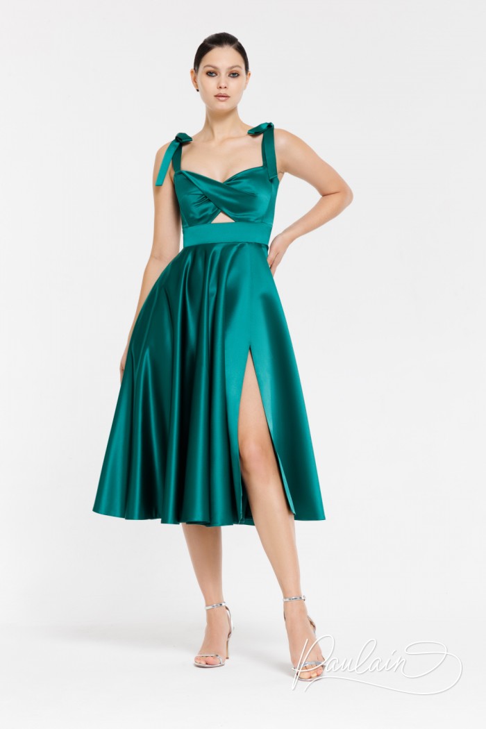 Cocktail dress made of satin with a crop-top effect bodice- MARS MIDI | Paulain