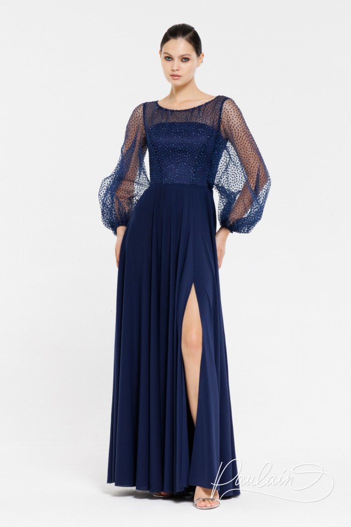 Full-length evening dress with sparkle and airy long sleeves- ZENDAYA | Paulain