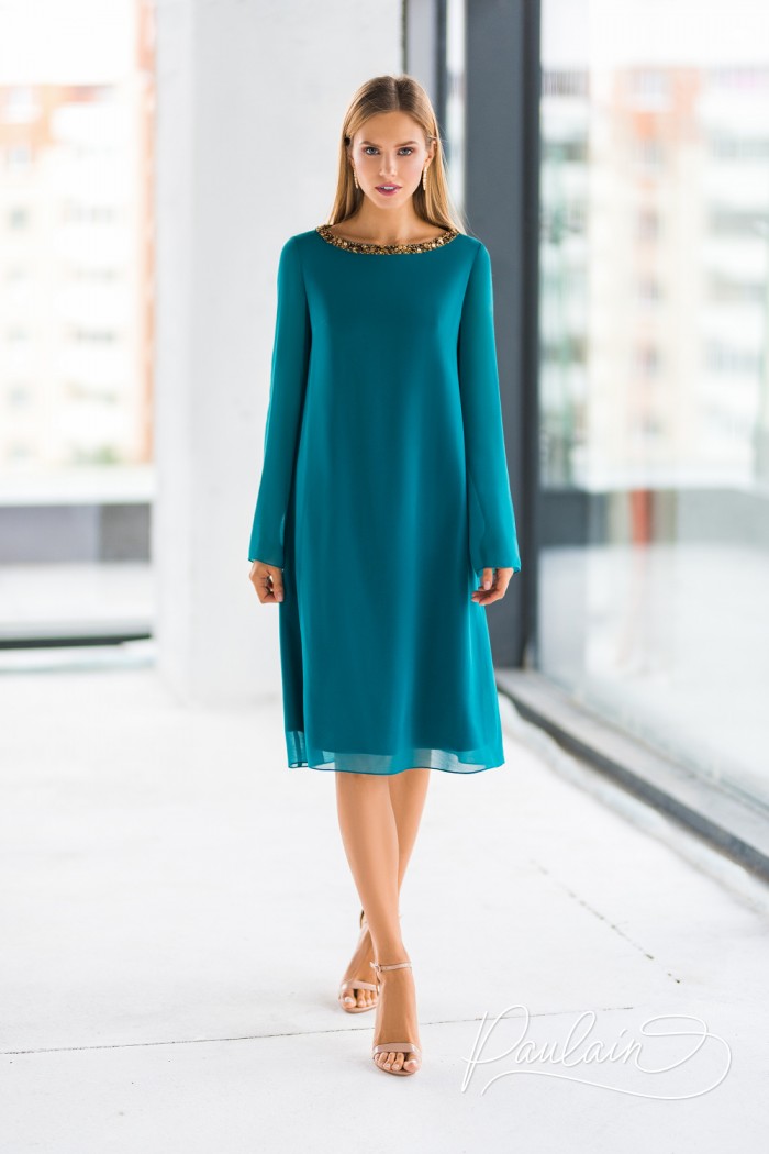 Stylish emerald colored dress with long sleeve - ADMIRA LUX | Paulain