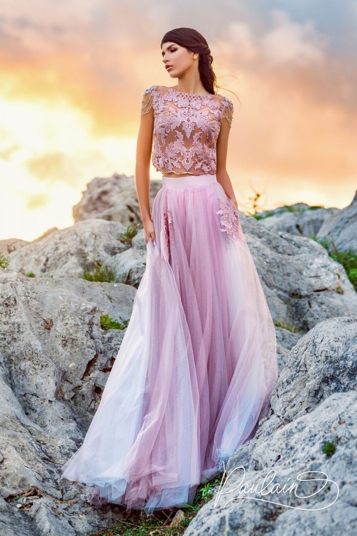Delicate evening dress with a transparent top and unique embroidery  - ALBION | Paulain