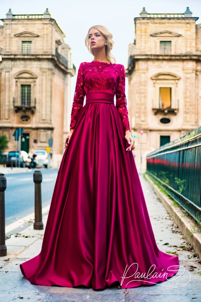 Long lace top and satin skirt evening dress  - AMBER | Paulain