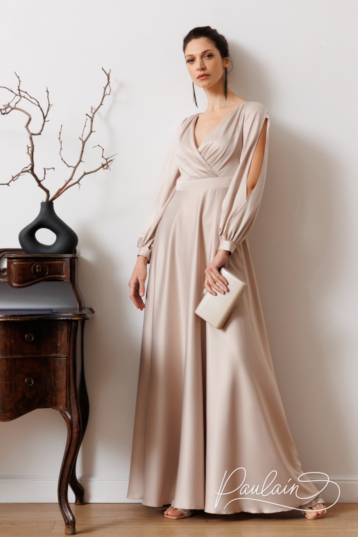 Evening flowing silk dress with an original long sleeve- SUNNY | Paulain