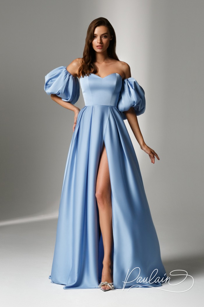 Beautiful blue floor-length evening dress with removable sleeves and high slit- EYVA | Paulain