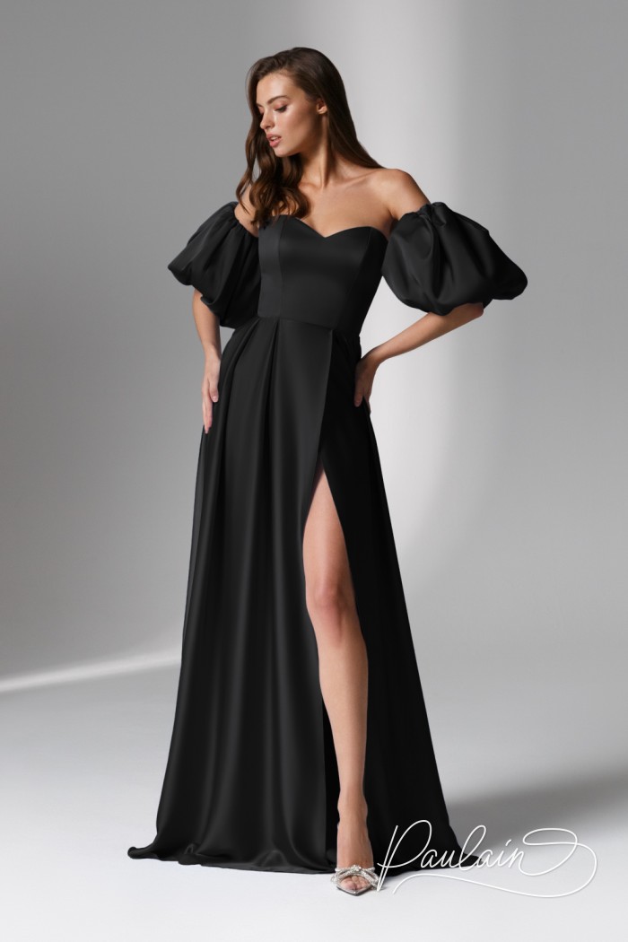 Beautiful black floor length evening dress with removable sleeves and a high slit - EYVA | Paulain