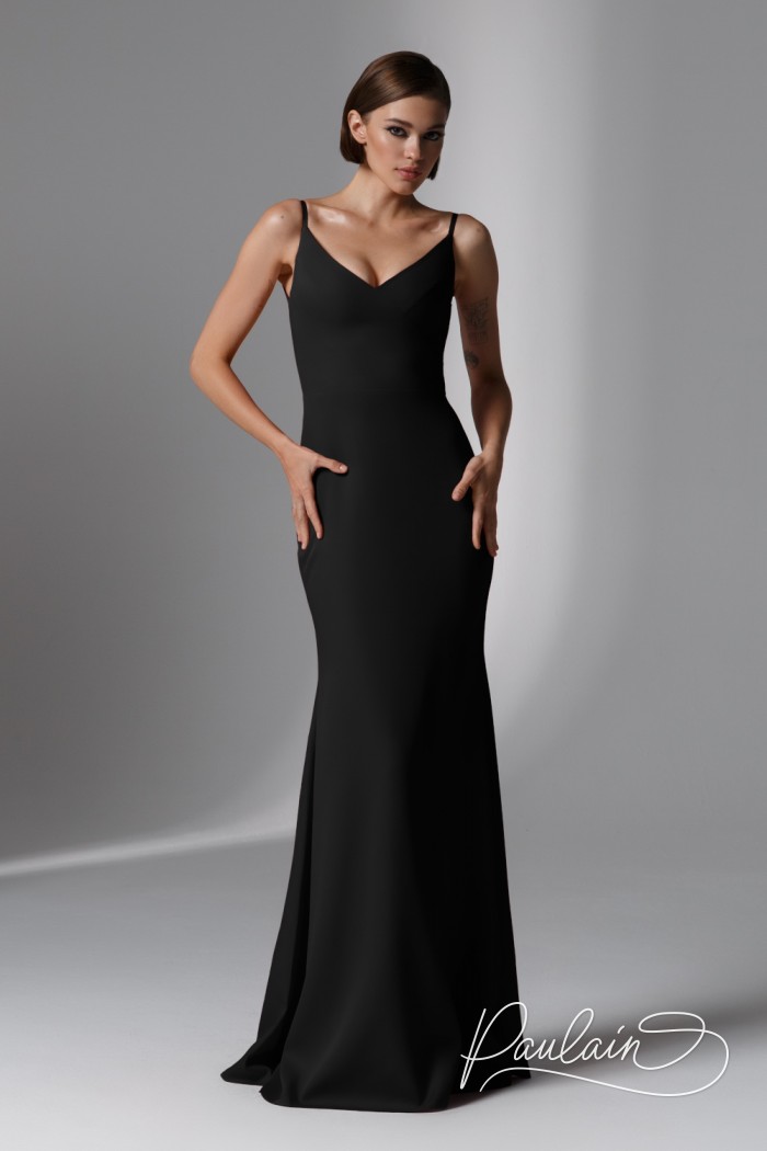 Feminine evening tight- fitting strap dress in black color- DANA | Paulain