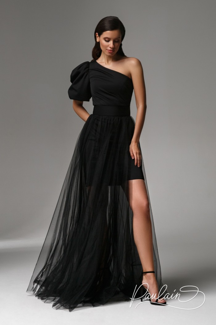 Evening black transformer dress with removable skirt and asymmetrical sleeve- DILAN | Paulain