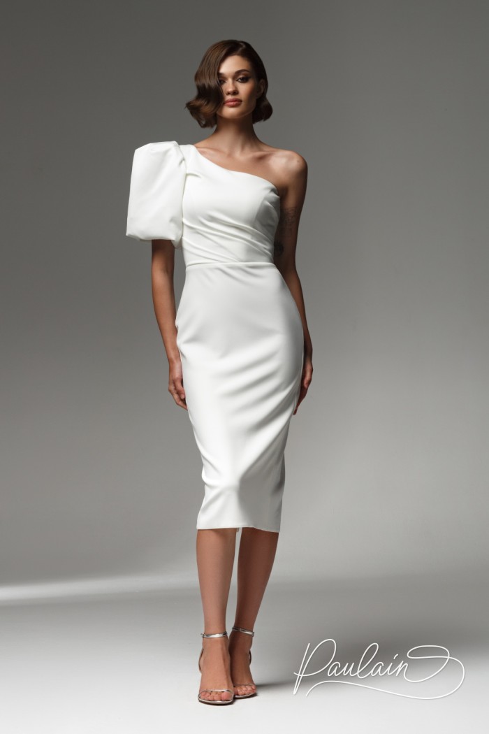 Cocktail white dress with an asymmetrical midi length sleeve- DILAN | Paulain