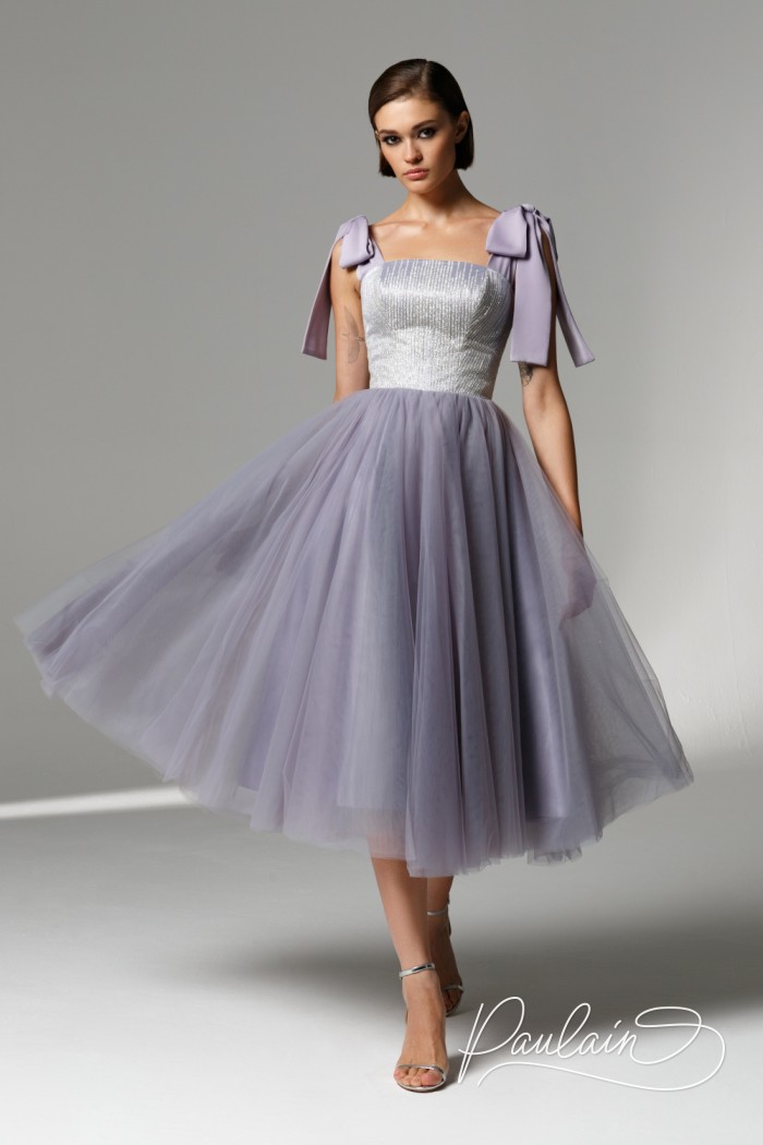 Original cocktail dress with a tulle midi length skirt and with bows at the shoulders- GINGER | Paulain