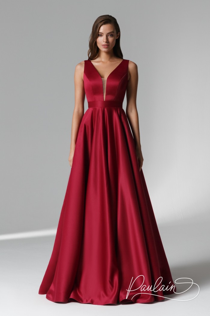 Evening satin sleeveless dress with V-neck and an open back- HEATHER | Paulain