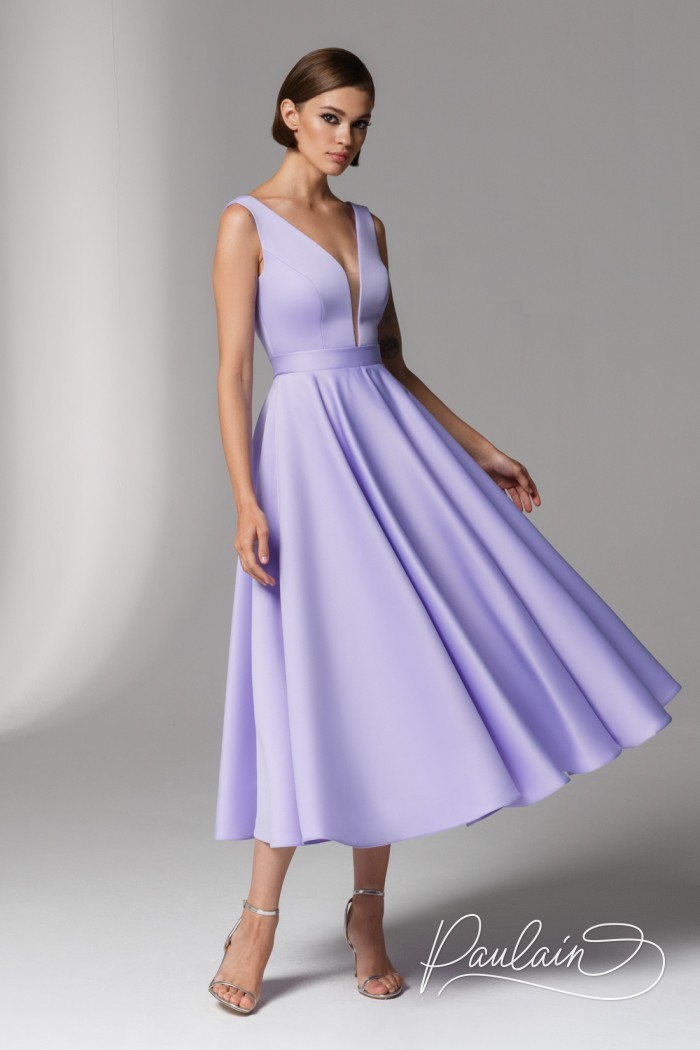 Coctail satin sleeveless dress with V-neck and an open back- HEATHER | Paulain