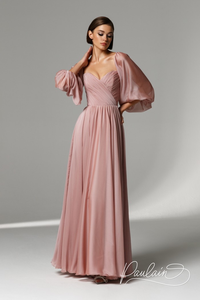 Gentle ash-pink floor length dress with lowered sleeves- HOPE | Paulain
