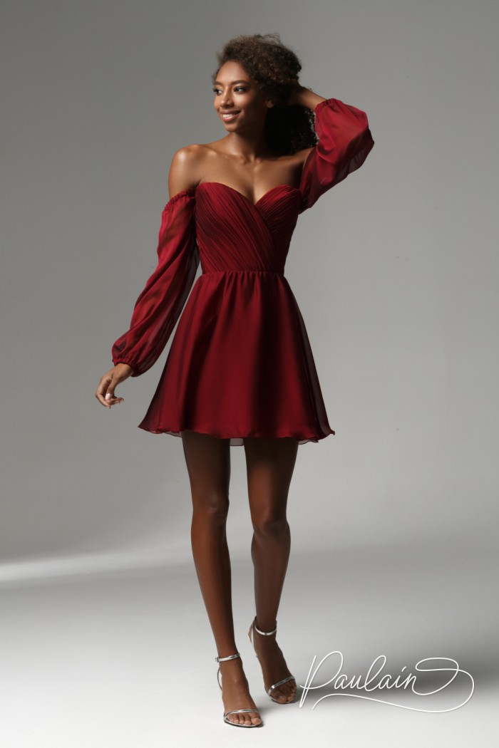 Short red dress with open shoulders and dropped sleeves- HOPE MINI | Paulain