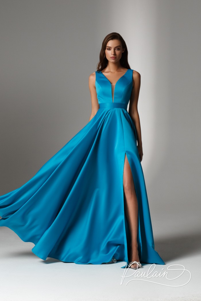 Feminine blue sleeveless dress with a deep neckline and a slit along the leg- HUGH | Paulain