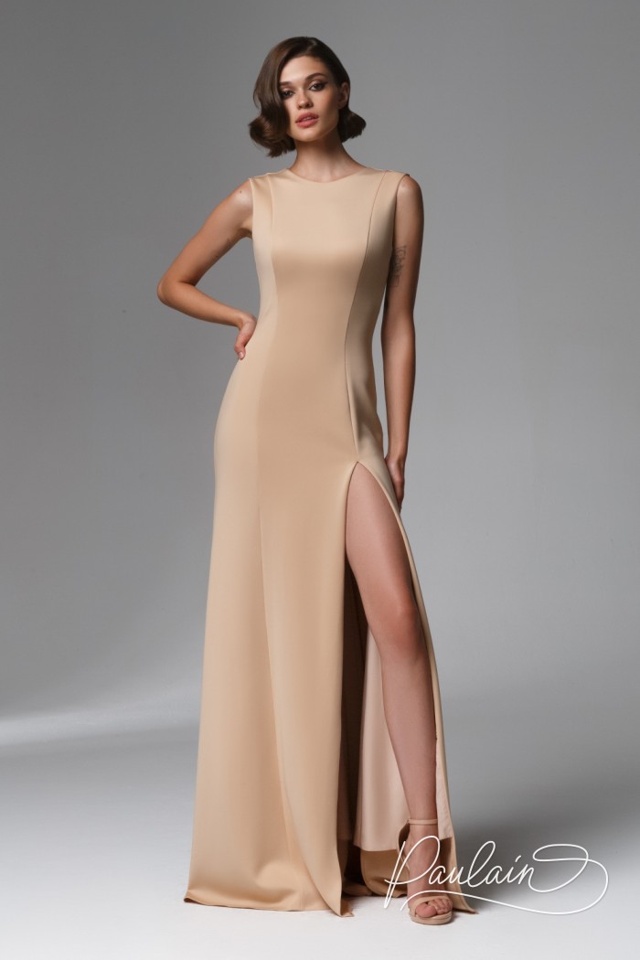 Elegant sleeveless long evening dress with a round neckline- ILANA | Paulain