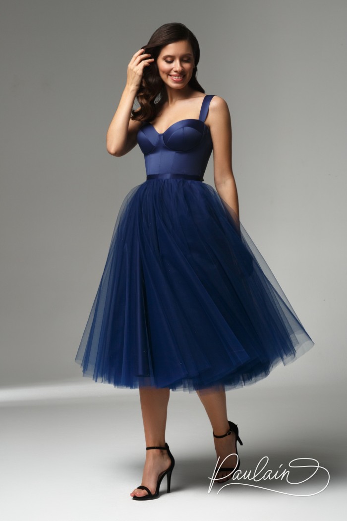 Cocktail strap dress with a form- fitting corset and a tulle skirt- KENDALL | Paulain