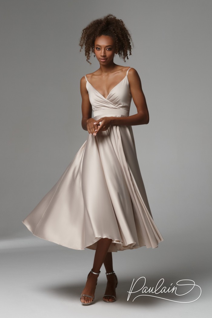 Pearl beige cocktail strap dress with a high slit along the leg- NISSA MIDI | Paulain