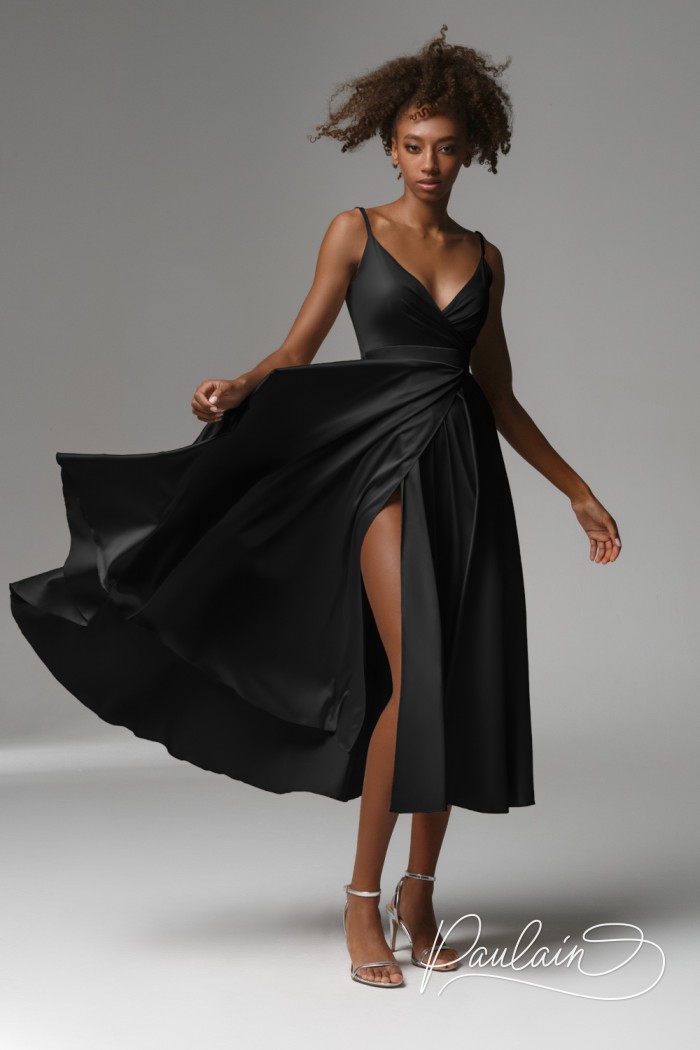 Black cocktail strap dress with a plunging neckline- NISSA MIDI | Paulain
