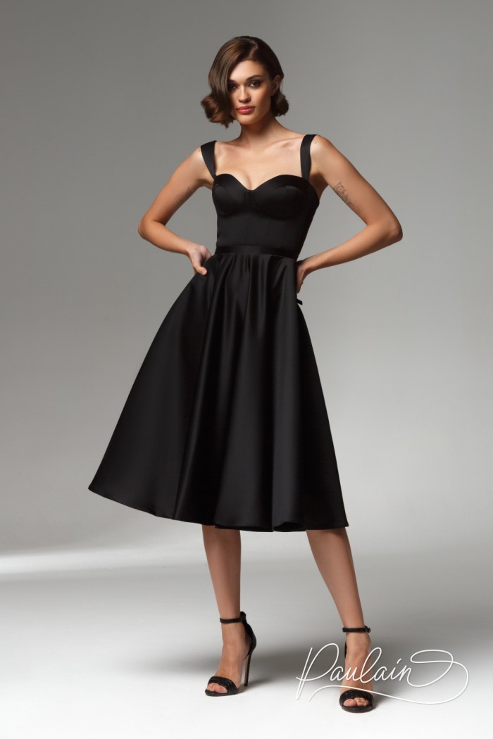 Fashionable black cocktail strap dress with a deep neckline- TATI MIDI | Paulain