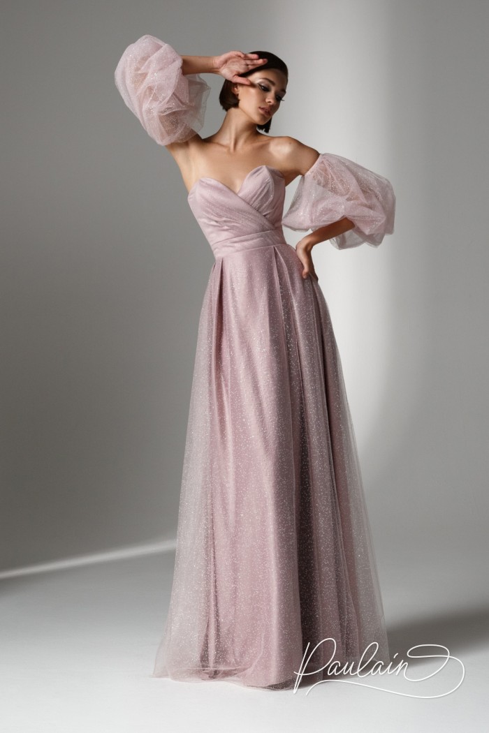 Beautiful evening shiny pink floor-length dress with removable sleeves- WENDY | Paulain