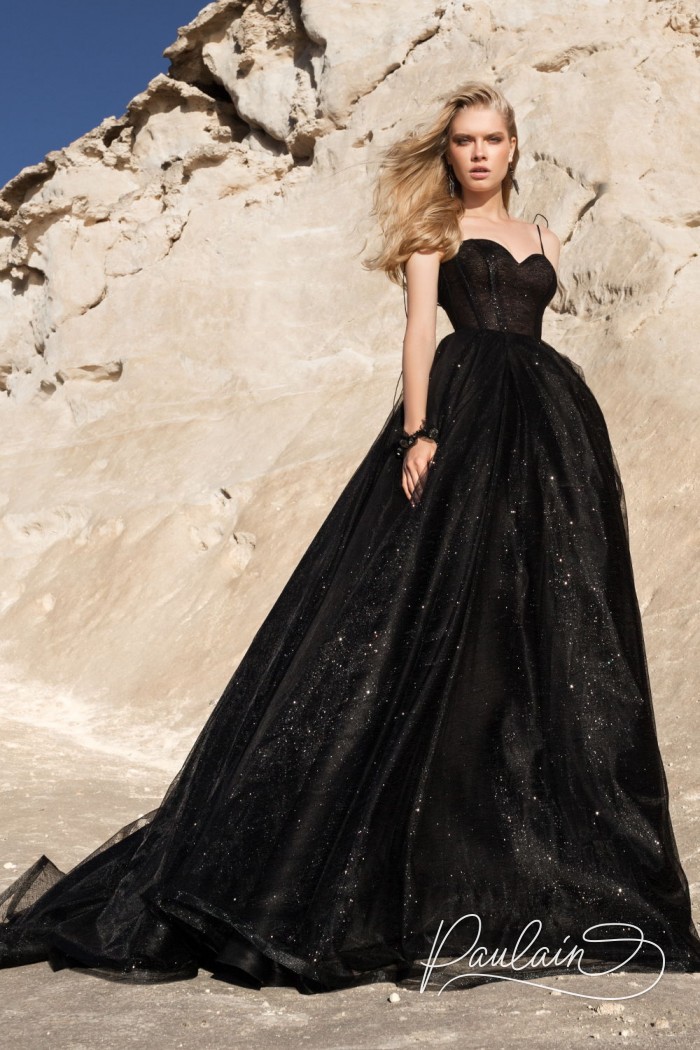 Black sparkly evening dress with a lush long skirt- DARK QUEEN | Paulain