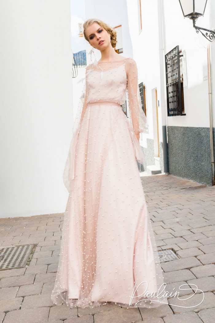 Light silk dress with a second upper transparent layer covered perls- DREAMCATCHER | Paulain