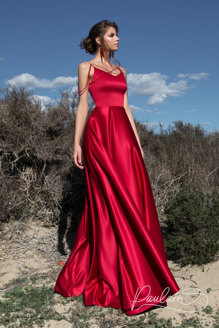 Evening dress made out of exquisite pomegranate shaded silk fabric- GRANADE'S BRACELET | Paulain