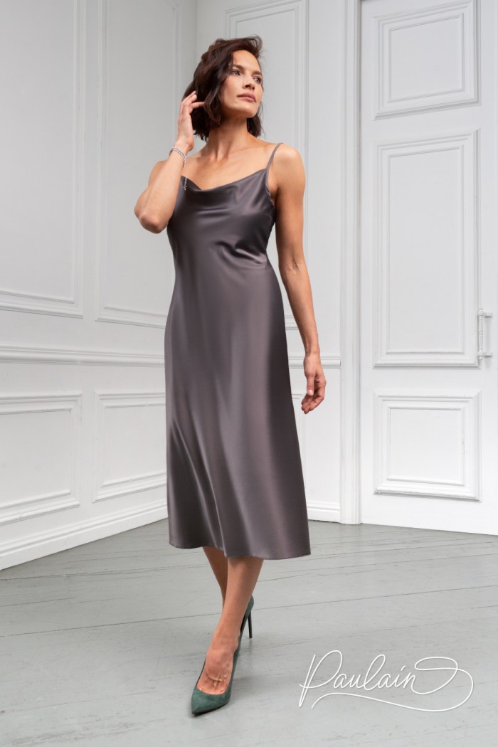 Midi-length cocktail dress made of thin satin with thin straps- BONNIE Midi | Paulain