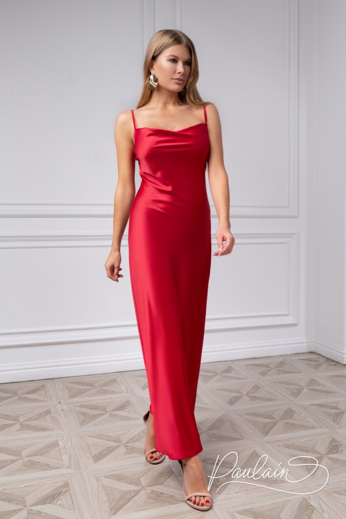 Long evening dress made of thin satin with thin straps- BONNIE Tea-lenght | Paulain