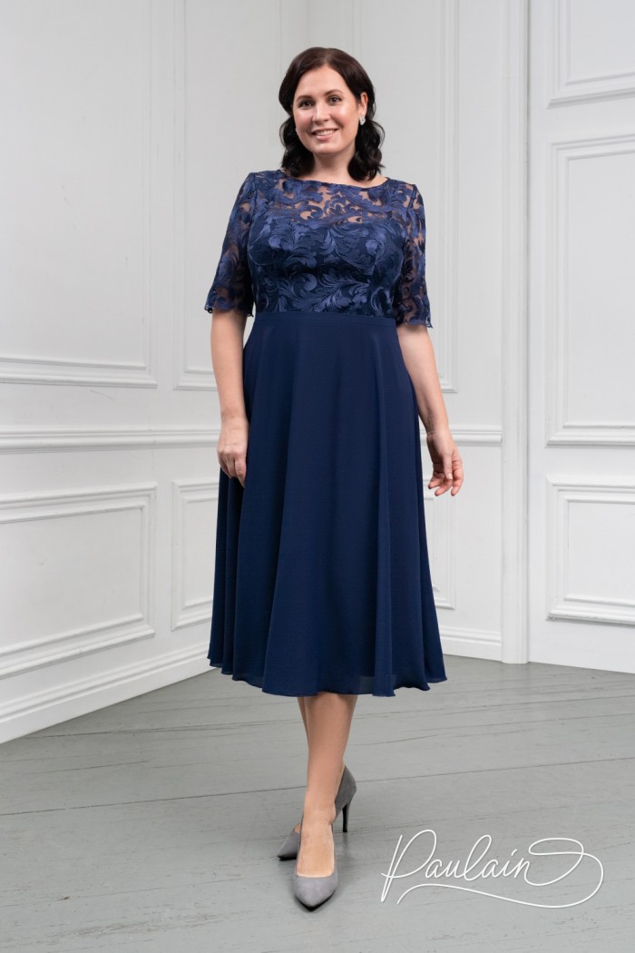 Feminine blue dress with lace bodice and chiffon skirt- DARLE | Paulain