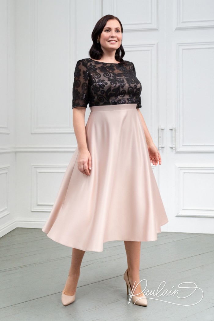 Contrast lace and satin dress with short sleeves and midi skirt - DEBORAH | Paulain