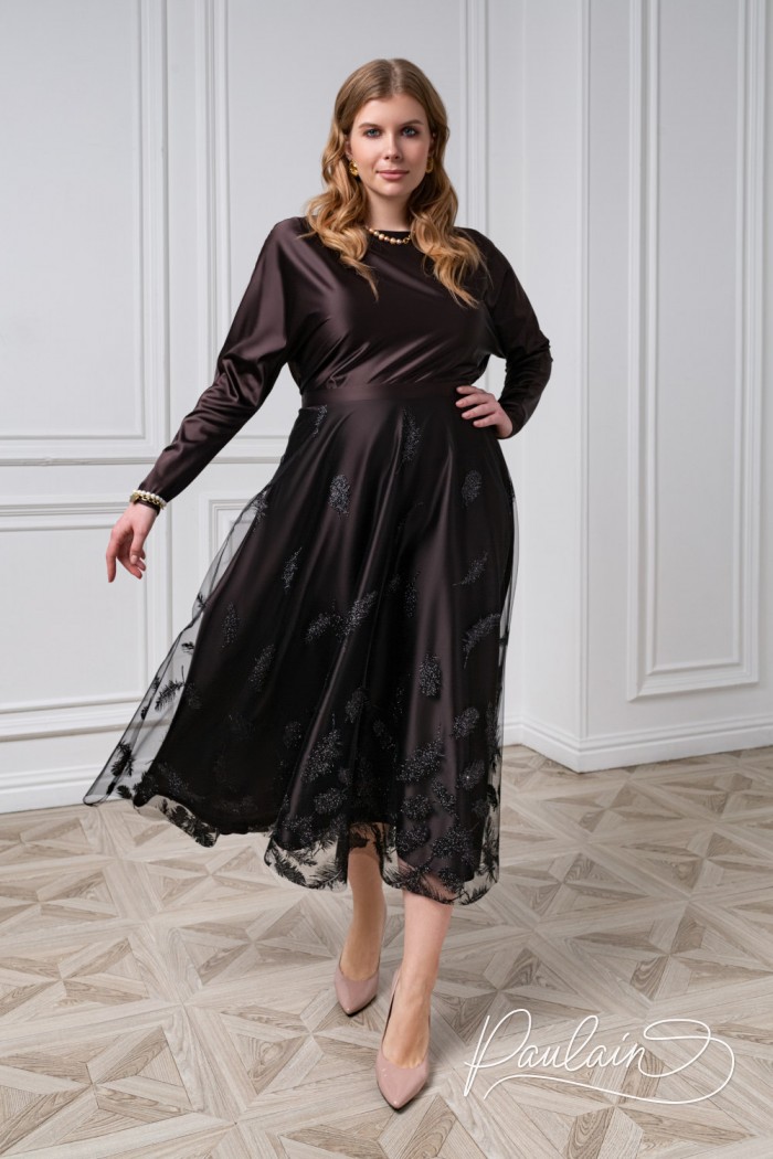 Satin blouse with sleeves and skirt with glitter plumage print- HUMA | Paulain