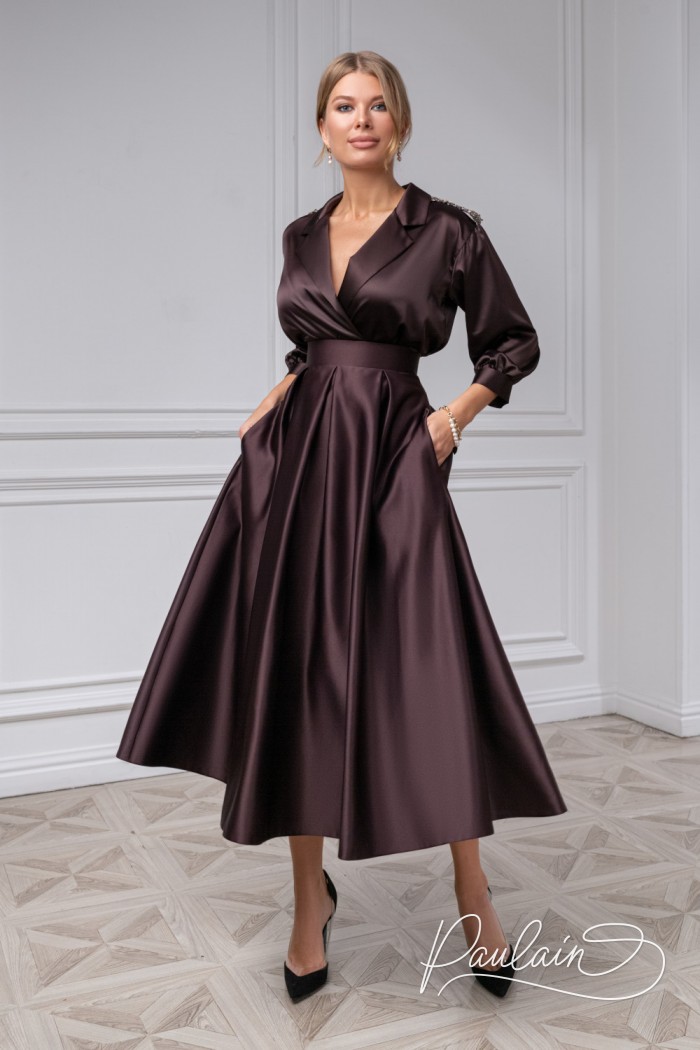 Long sleeve satin blouse and tea length skirt with pockets- ILYNE & PILAR | Paulain