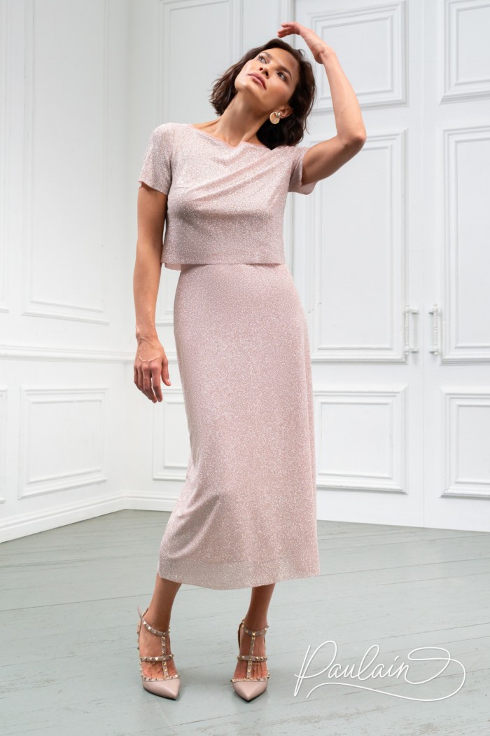 Delicate top with a sleeve and a flying, sparkling midi-length skirt - LIORA | Paulain