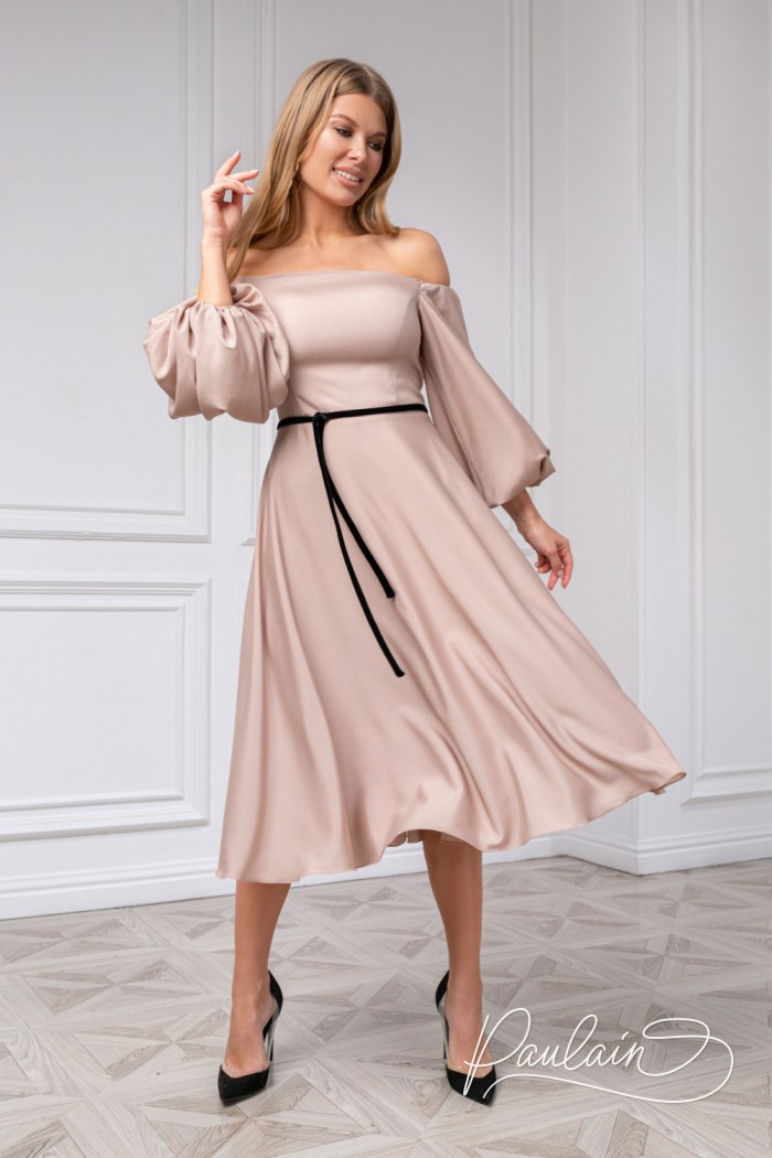 Light cocktail dress with puffy sleeves and a narrow sash- MINNA Midi | Paulain