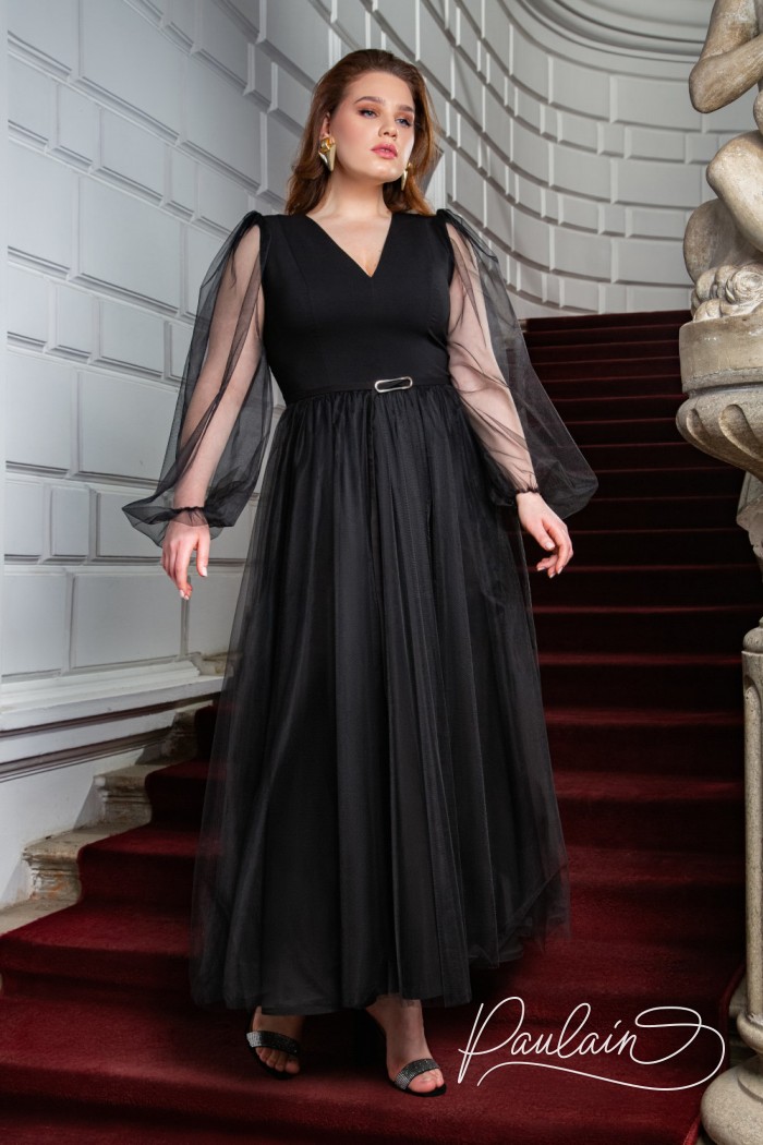 Incredibly airy tea-length evening dress with light sleeves - APRIL | Paulain