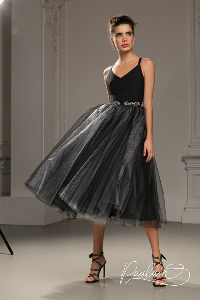 Spectacular cocktail dress with tulle skirt and laconic bodice- CARREY Midi | Paulain