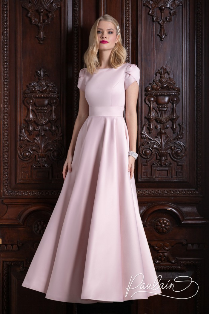 Light pink satin evening dress with long A-line skirt- TUTTA Maxi | Paulain
