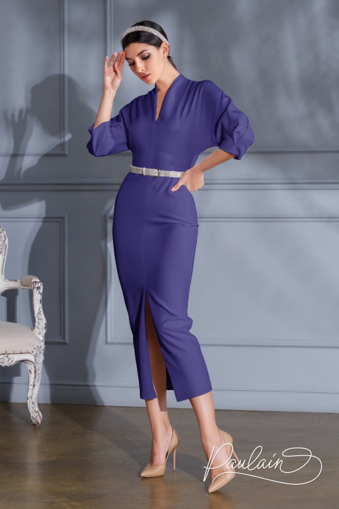 Designer midi length dress with a narrow neckline and sleeves - ALBA | Paulain