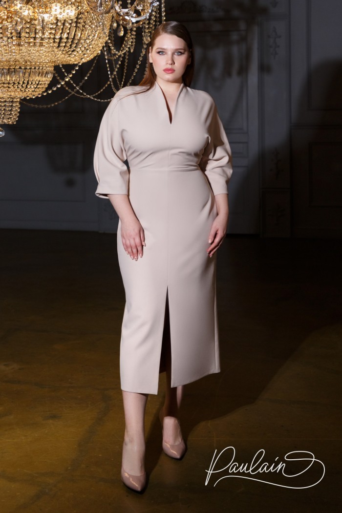 Stylish form-fitting midi length dress with a neckline and a piquant slit- ALBA | Paulain