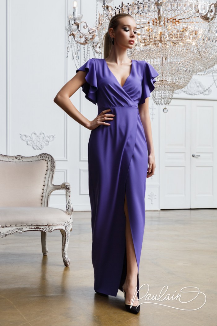 Elegant dress with draperies, high slit, V-neck and flounce sleeve- BENEDICT | Paulain