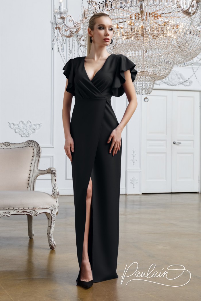 Elegant long black dress with a plunging neckline and a slit along the leg - BENEDICT | Paulain