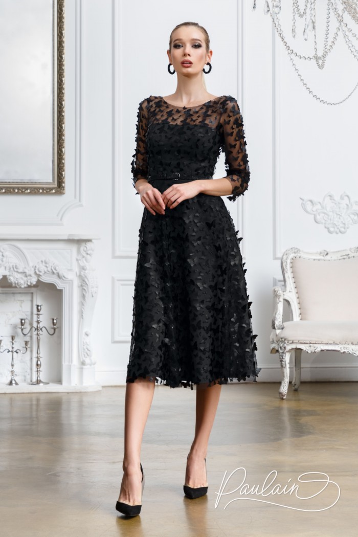 Fashionable fluffy dress below the knee with butterflies, belt and sleeve- FLY | Paulain