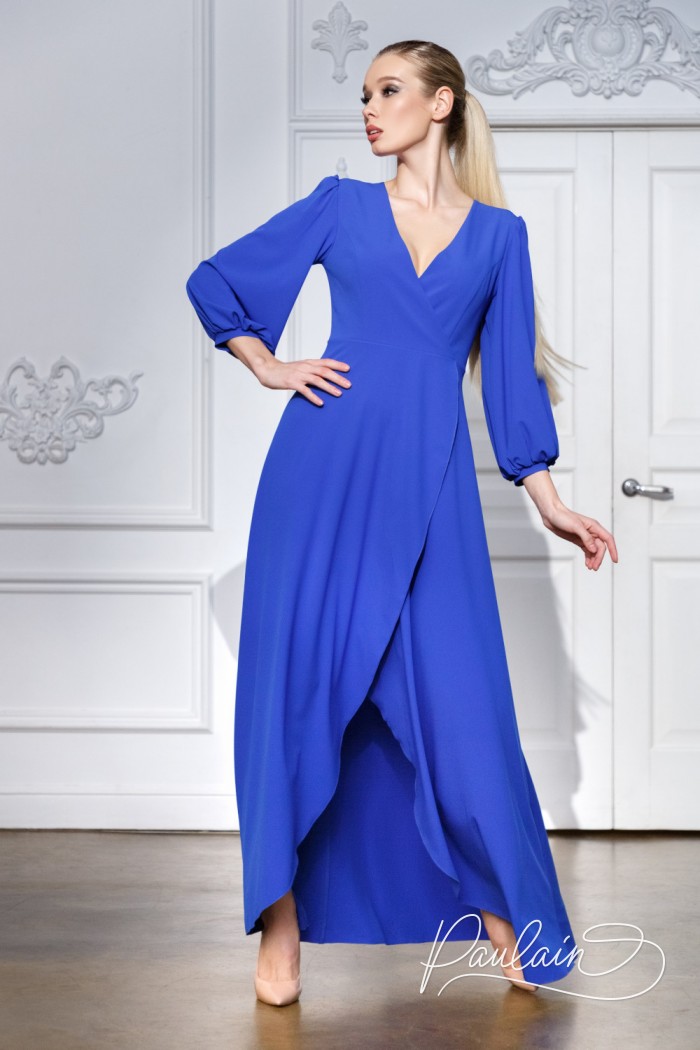 Evening long light dress with a chic neckline and voluminous sleeve- LOTTA | Paulain