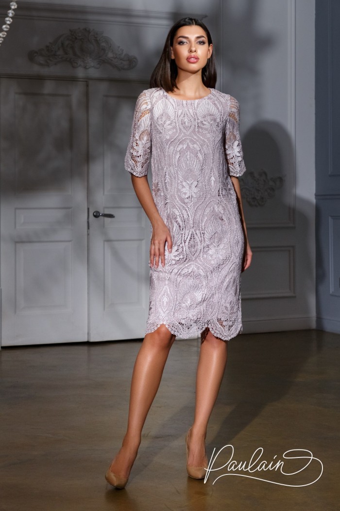 Lace straight closed midi length dress with sleeve- MCNAMARA | Paulain