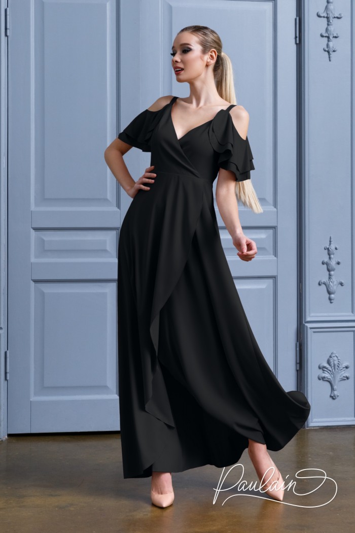Stylish evening long dress with an inviting neckline and flouncy sleeves - TOVA | Paulain