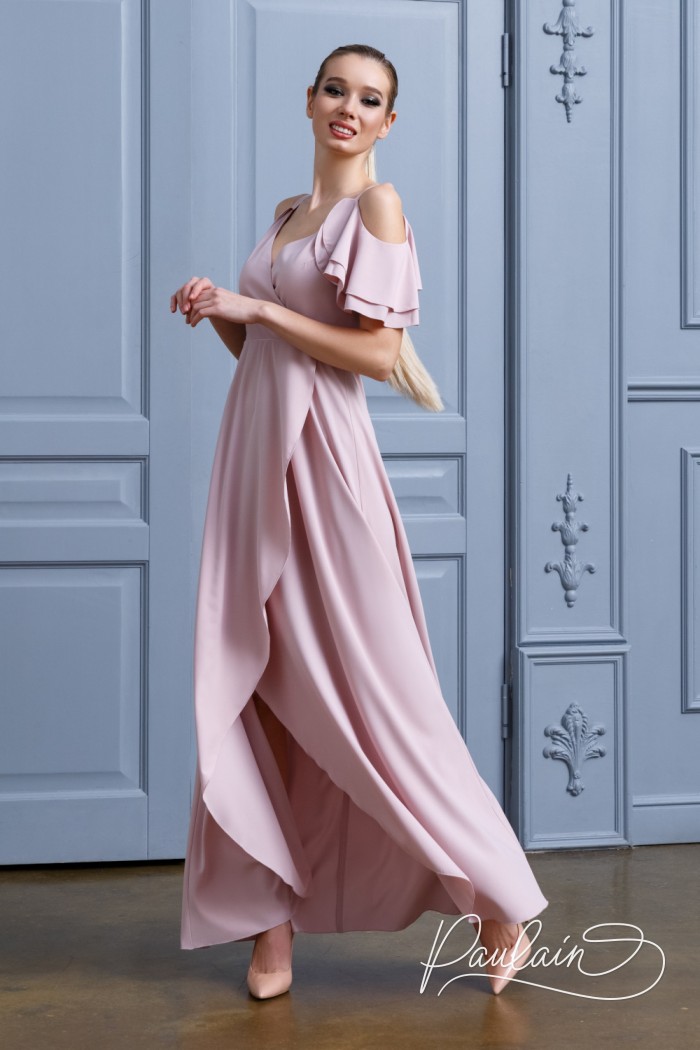 Stylish evening long dress with an inviting neckline and flouncy sleeves- TOVA | Paulain